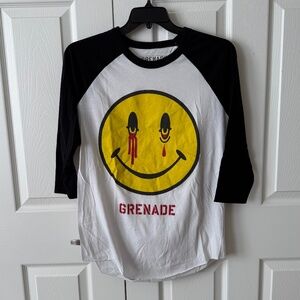 Grenade Snowboarding White Baseball Acid Smile Graphic Tee Large